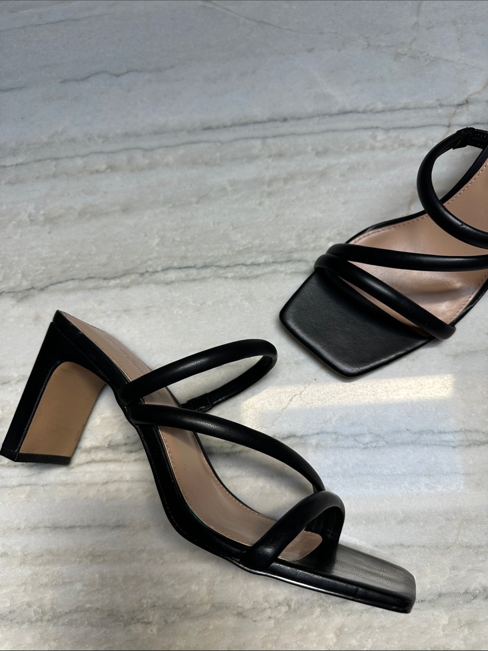 BCBGeneration Strappy Square-Toe Sandal Heels
